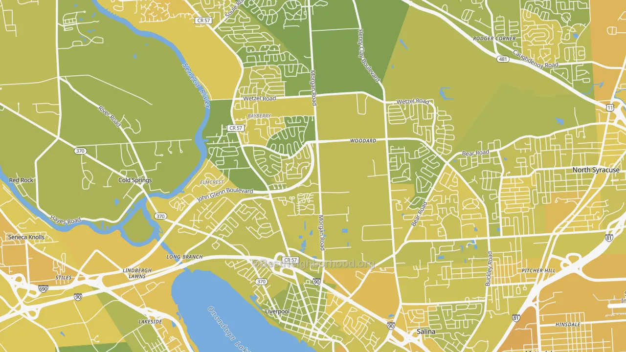 Map of the best neighborhoods in the Liverpool area, with better matches in green and worse matches in red