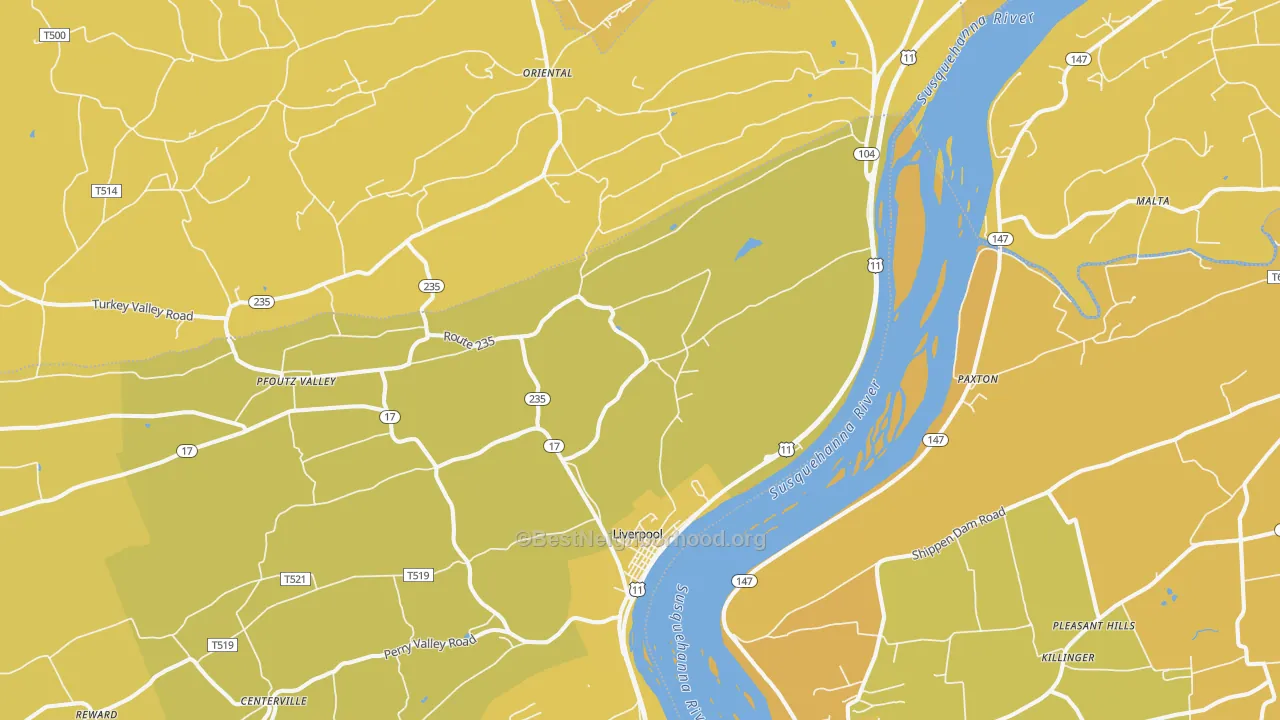 Map of the best neighborhoods in the Liverpool area, with better matches in green and worse matches in red