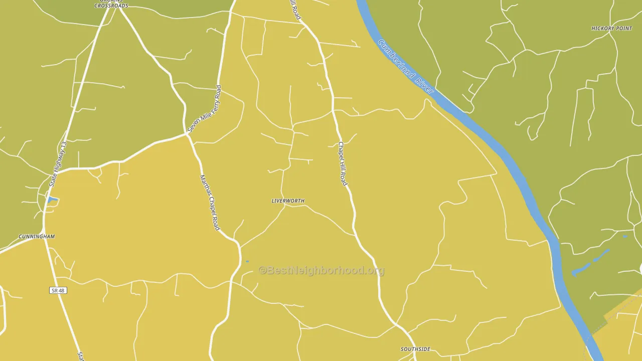 Map of the best neighborhoods in the Liverwort area, with better matches in green and worse matches in red