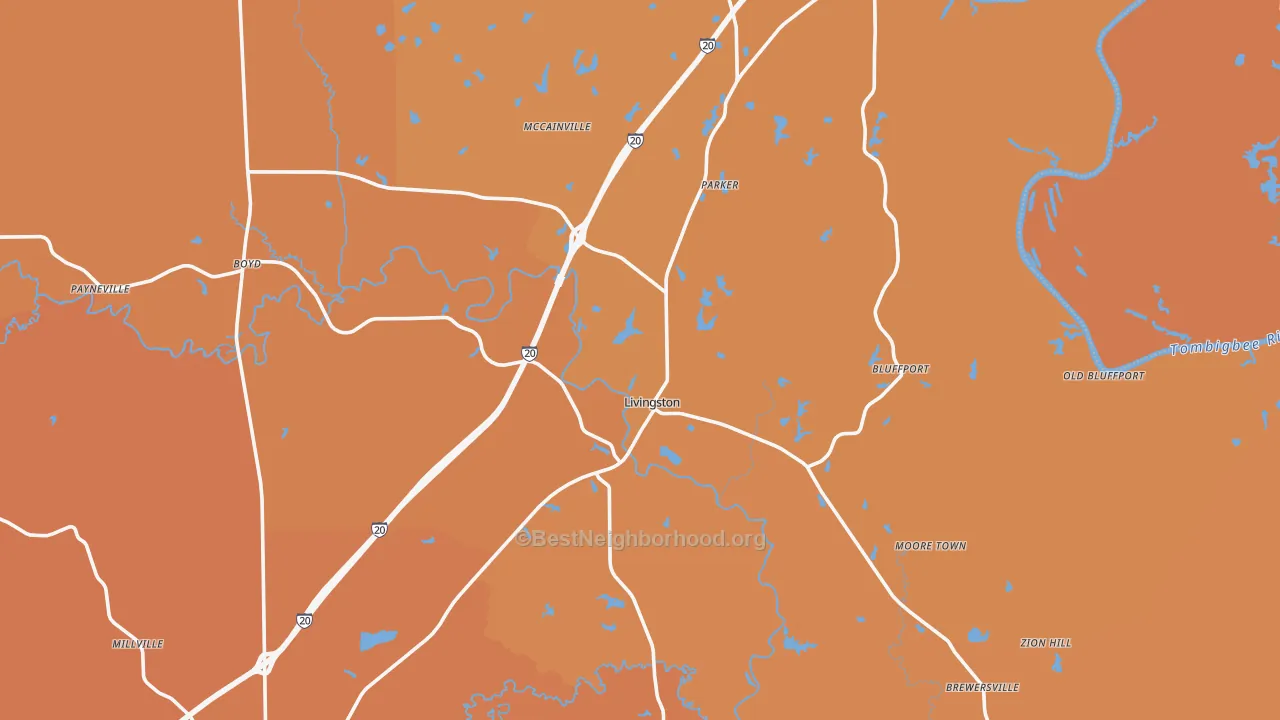 Map of the best neighborhoods in the Livingston area, with better matches in green and worse matches in red