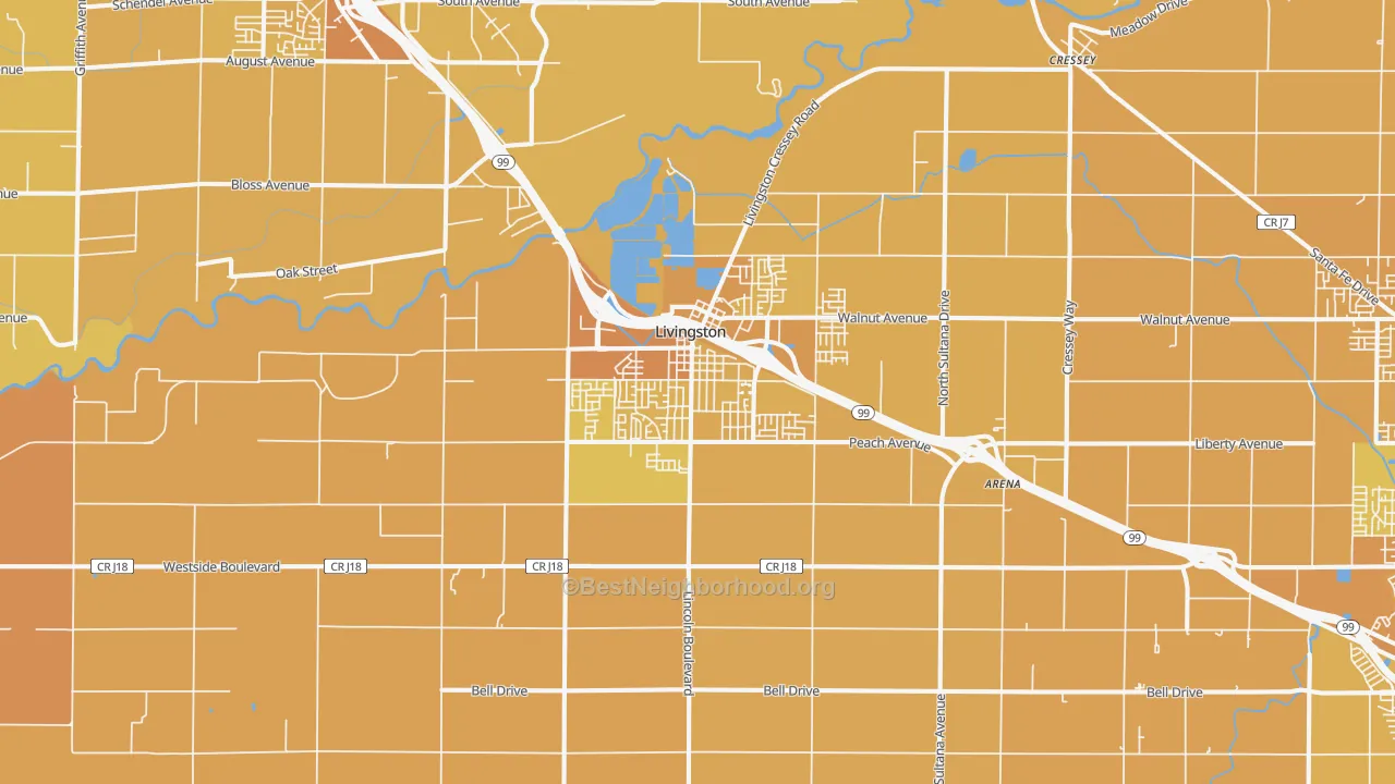 Map of the best neighborhoods in the Livingston area, with better matches in green and worse matches in red