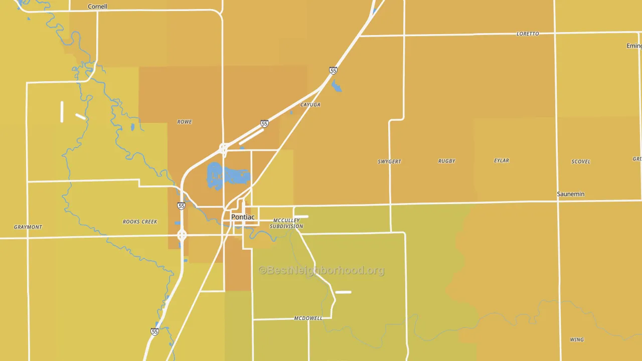 Map of the best neighborhoods in the Livingston County area, with better matches in green and worse matches in red