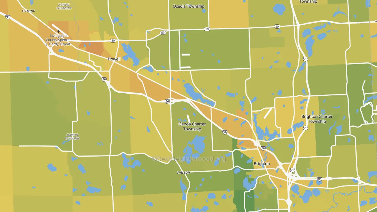 Map of the best neighborhoods in the Livingston County area, with better matches in green and worse matches in red