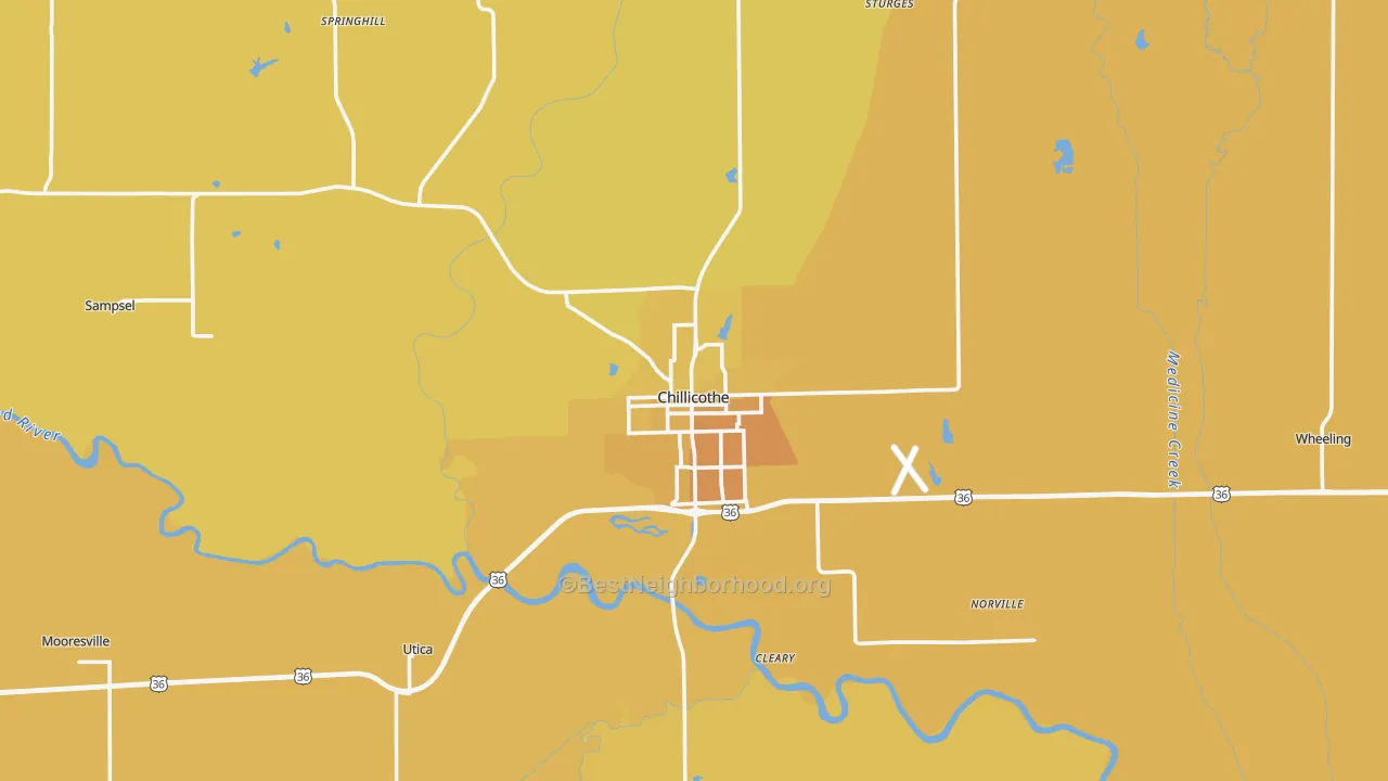Map of the best neighborhoods in the Livingston County area, with better matches in green and worse matches in red