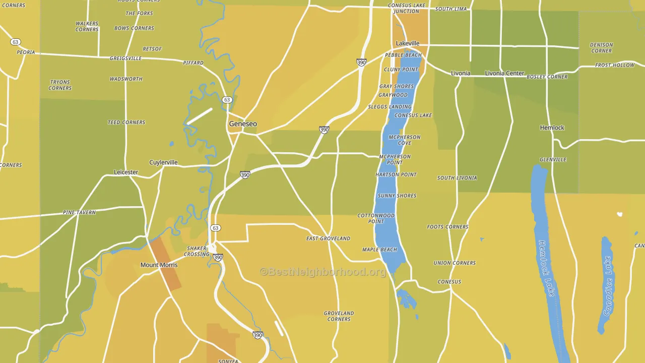 Map of the best neighborhoods in the Livingston County area, with better matches in green and worse matches in red