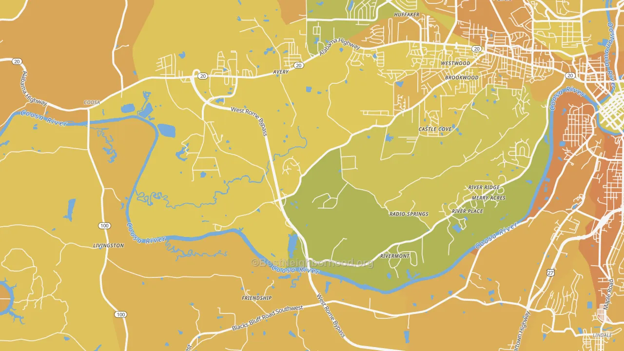 Map of the best neighborhoods in the Livingston area, with better matches in green and worse matches in red