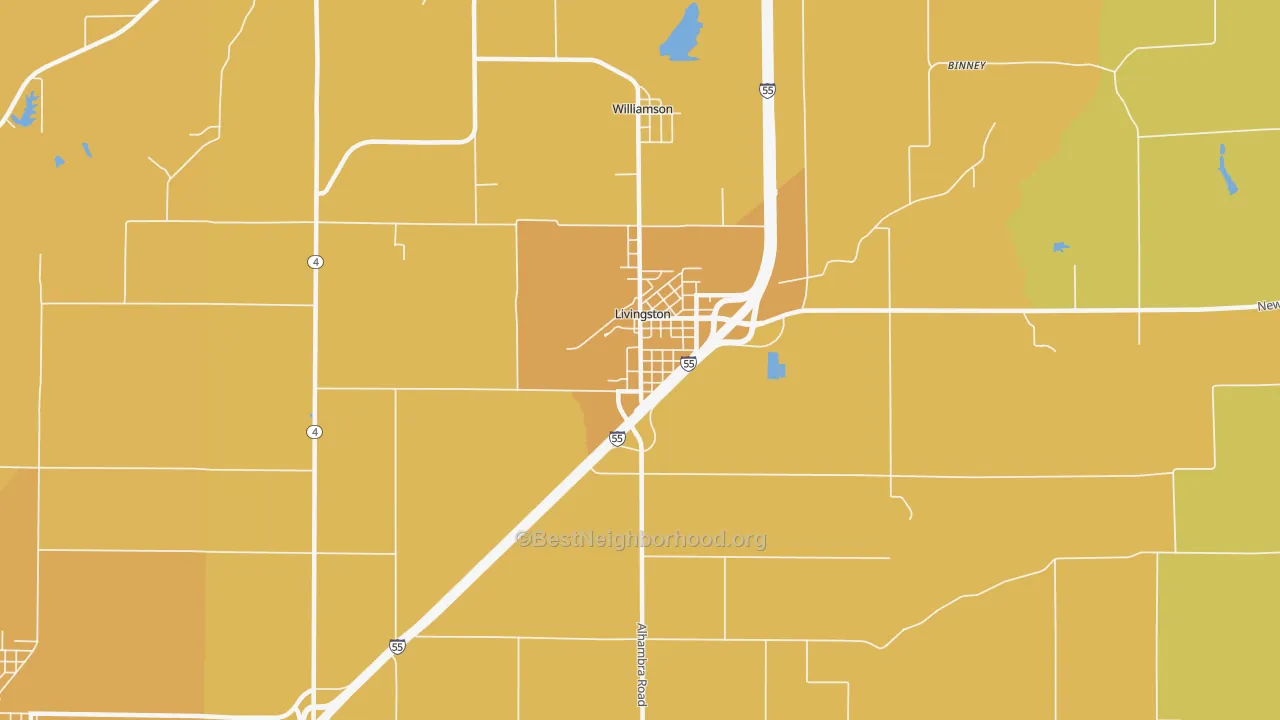 Map of the best neighborhoods in the Livingston area, with better matches in green and worse matches in red