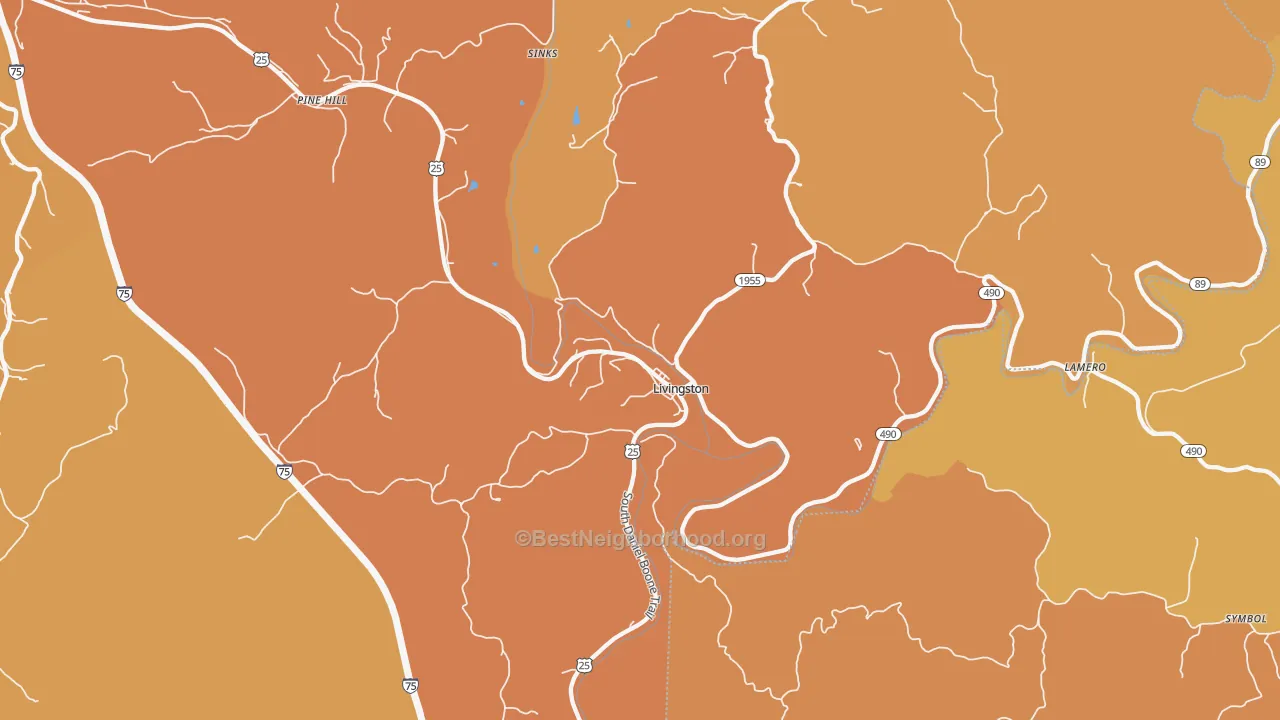 Map of the best neighborhoods in the Livingston area, with better matches in green and worse matches in red
