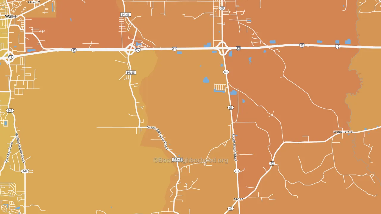 Map of the best neighborhoods in the Livingston area, with better matches in green and worse matches in red