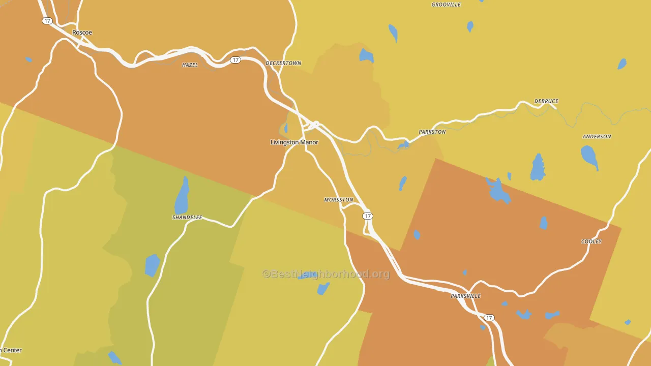 Map of the best neighborhoods in the Livingston Manor area, with better matches in green and worse matches in red
