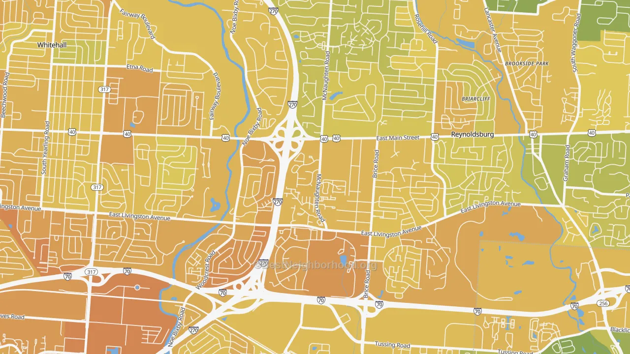 Map of the best neighborhoods in the Livingston-McNaughten, Columbus area, with better matches in green and worse matches in red