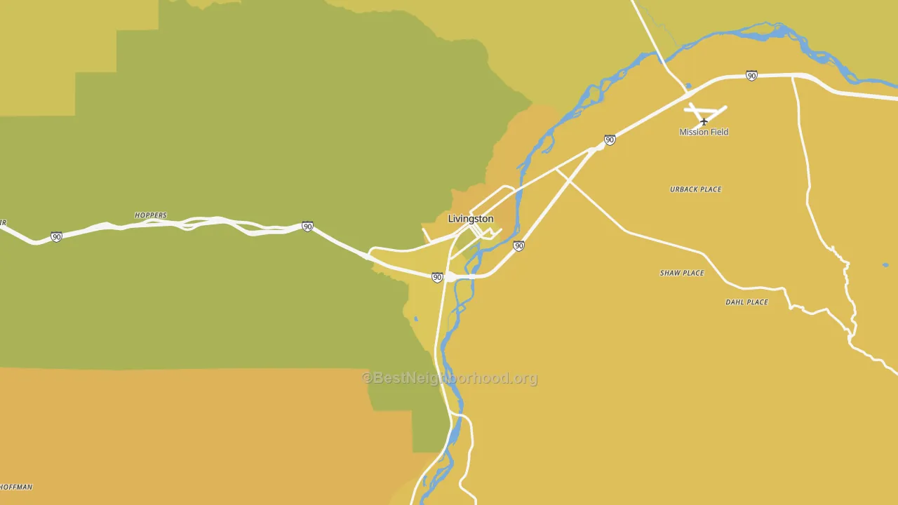 Map of the best neighborhoods in the Livingston area, with better matches in green and worse matches in red