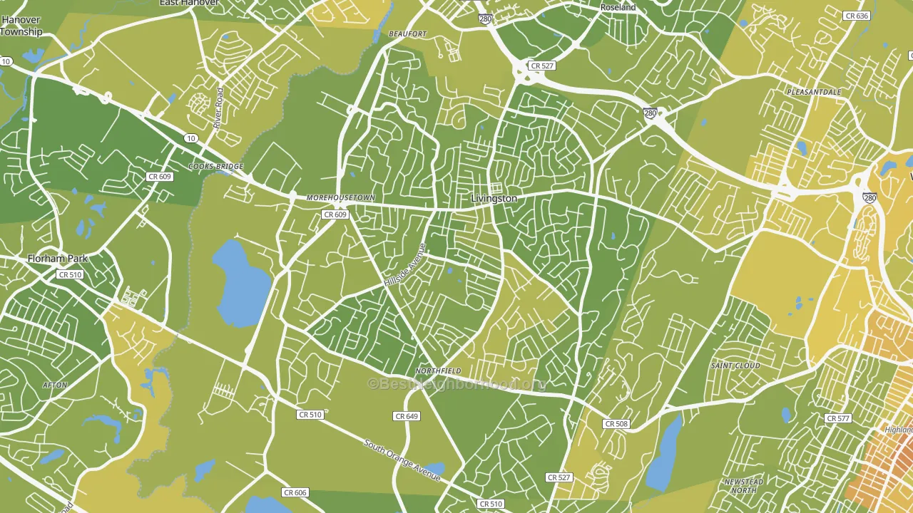 Map of the best neighborhoods in the Livingston area, with better matches in green and worse matches in red