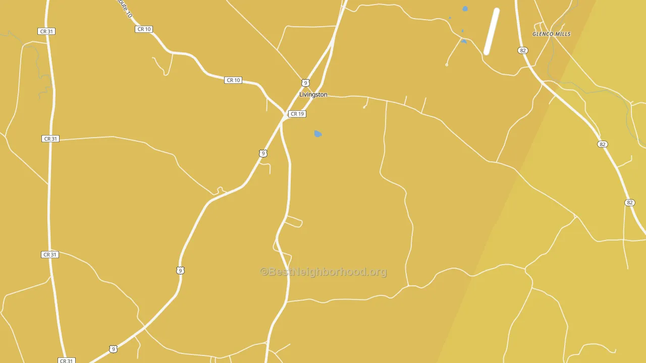 Map of the best neighborhoods in the Livingston area, with better matches in green and worse matches in red