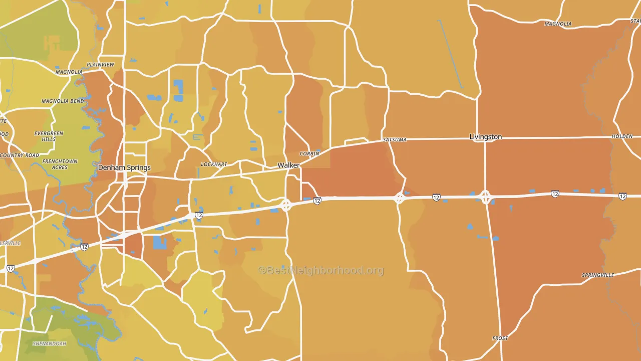 Map of the best neighborhoods in the Livingston Parish area, with better matches in green and worse matches in red