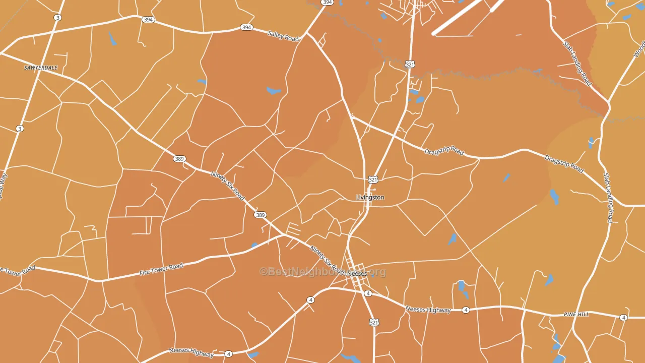 Map of the best neighborhoods in the Livingston area, with better matches in green and worse matches in red