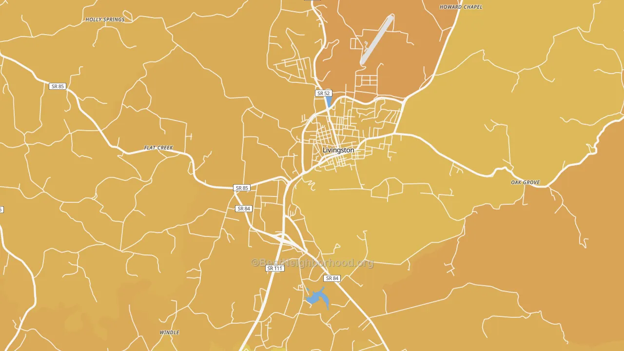 Map of the best neighborhoods in the Livingston area, with better matches in green and worse matches in red
