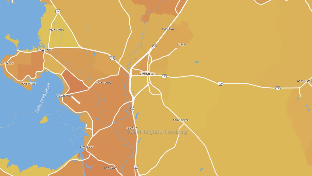 Map of the best neighborhoods in the Livingston area, with better matches in green and worse matches in red
