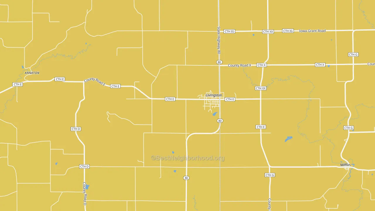 Map of the best neighborhoods in the Livingston area, with better matches in green and worse matches in red
