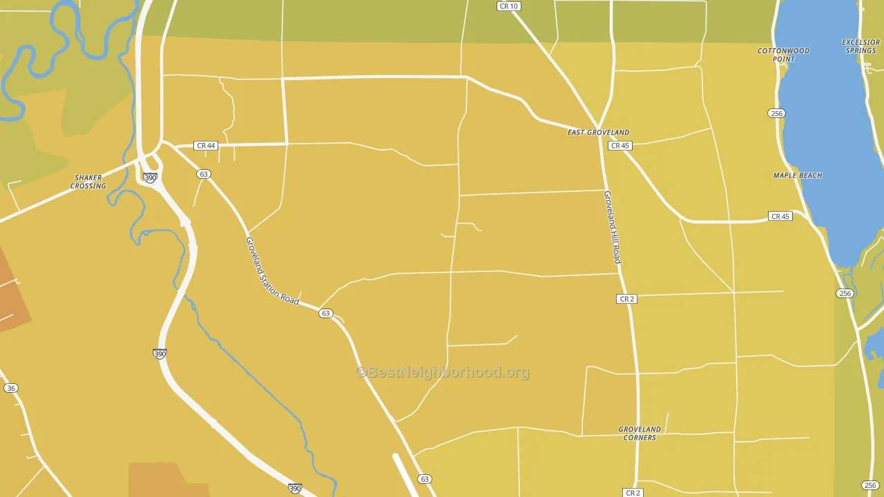 Map of the best neighborhoods in the Livonia Center area, with better matches in green and worse matches in red