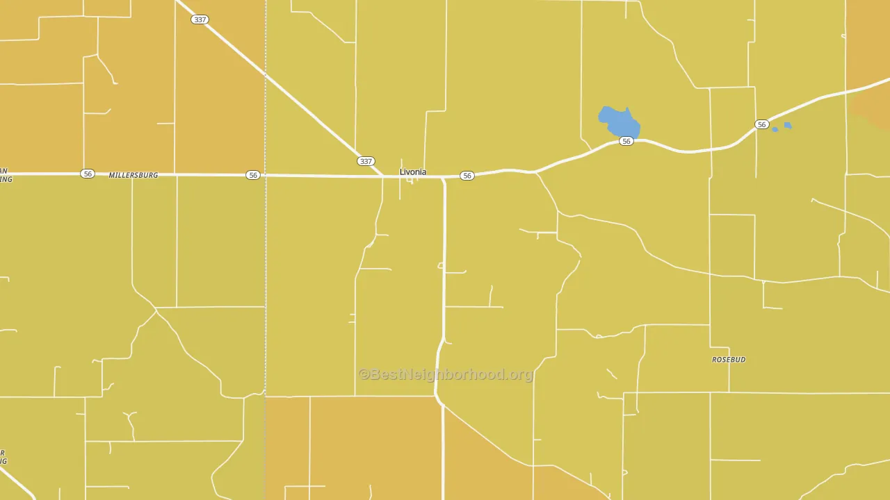 Map of the best neighborhoods in the Livonia area, with better matches in green and worse matches in red