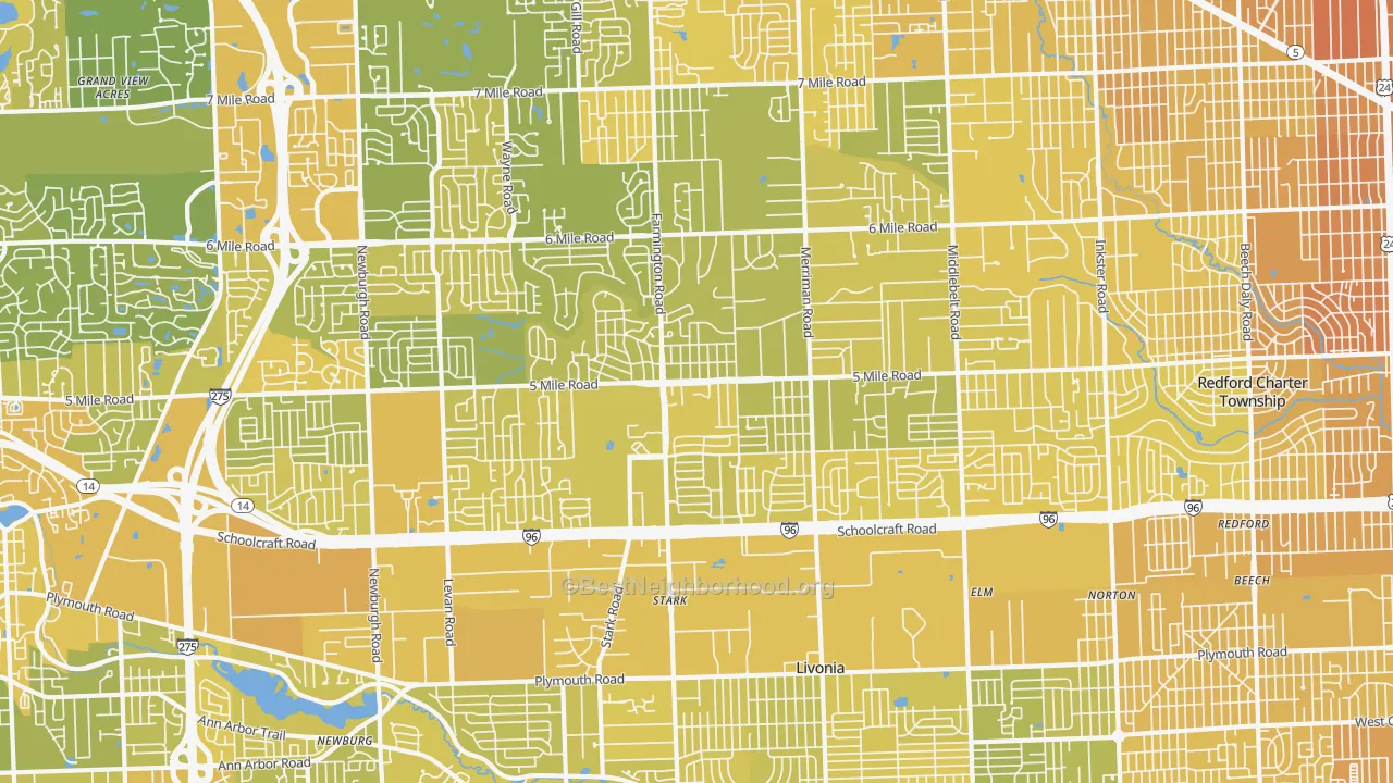 Map of the best neighborhoods in the Livonia area, with better matches in green and worse matches in red