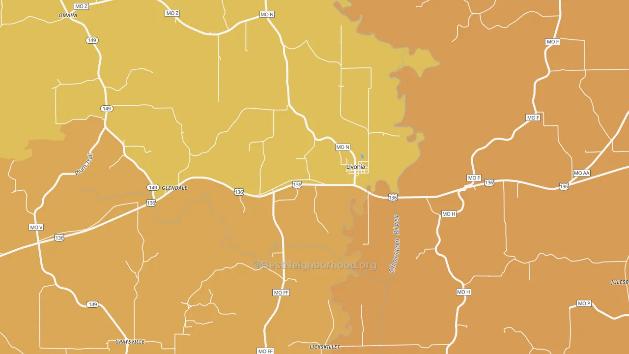 Map of the best neighborhoods in the Livonia area, with better matches in green and worse matches in red