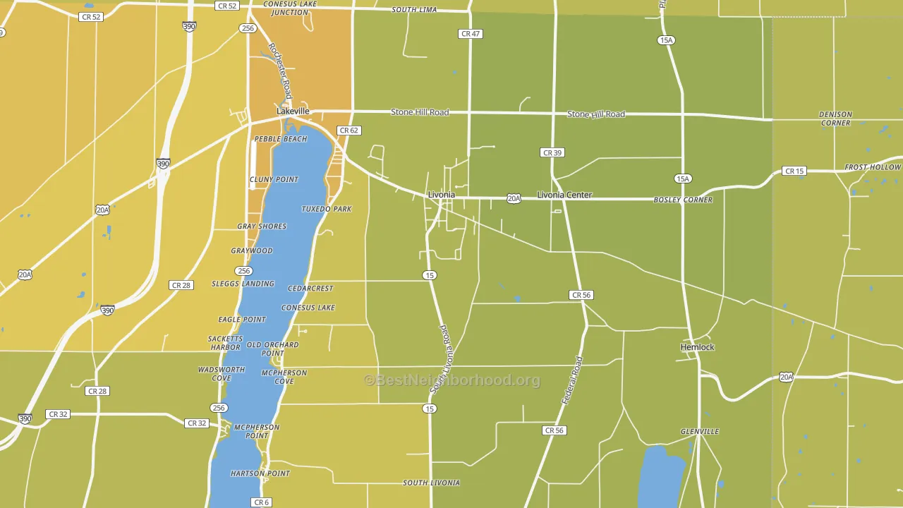 Map of the best neighborhoods in the Livonia area, with better matches in green and worse matches in red
