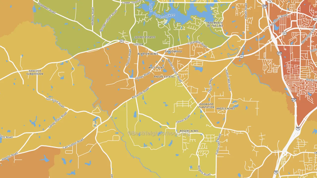 Map of the best neighborhoods in the Lizella area, with better matches in green and worse matches in red