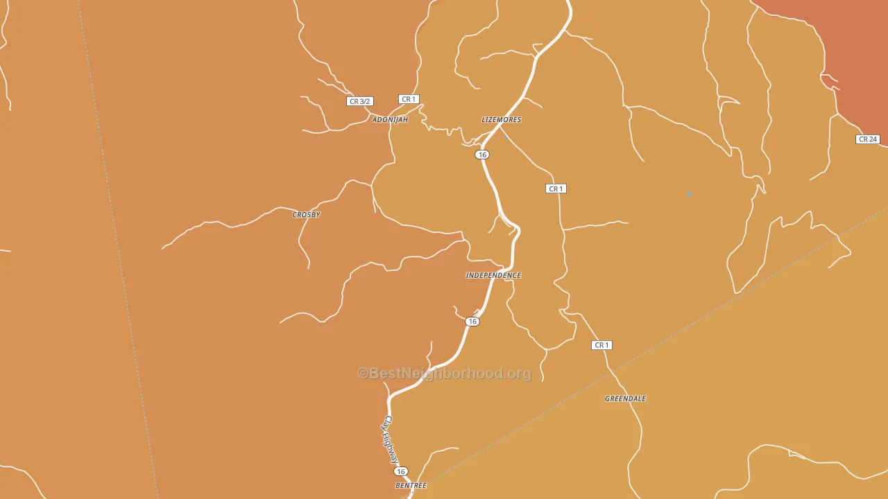 Map of the best neighborhoods in the Lizemores area, with better matches in green and worse matches in red