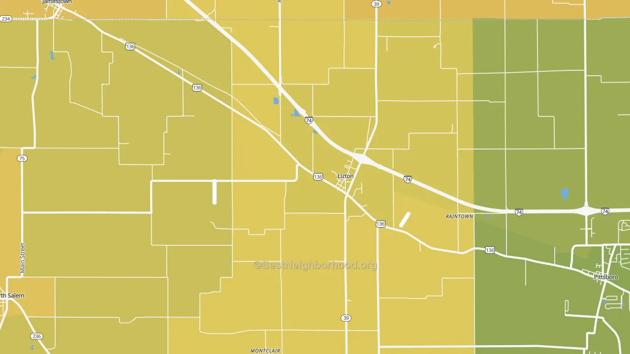 Map of the best neighborhoods in the Lizton area, with better matches in green and worse matches in red