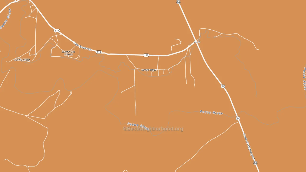 Map of the best neighborhoods in the Llano Del Medio area, with better matches in green and worse matches in red