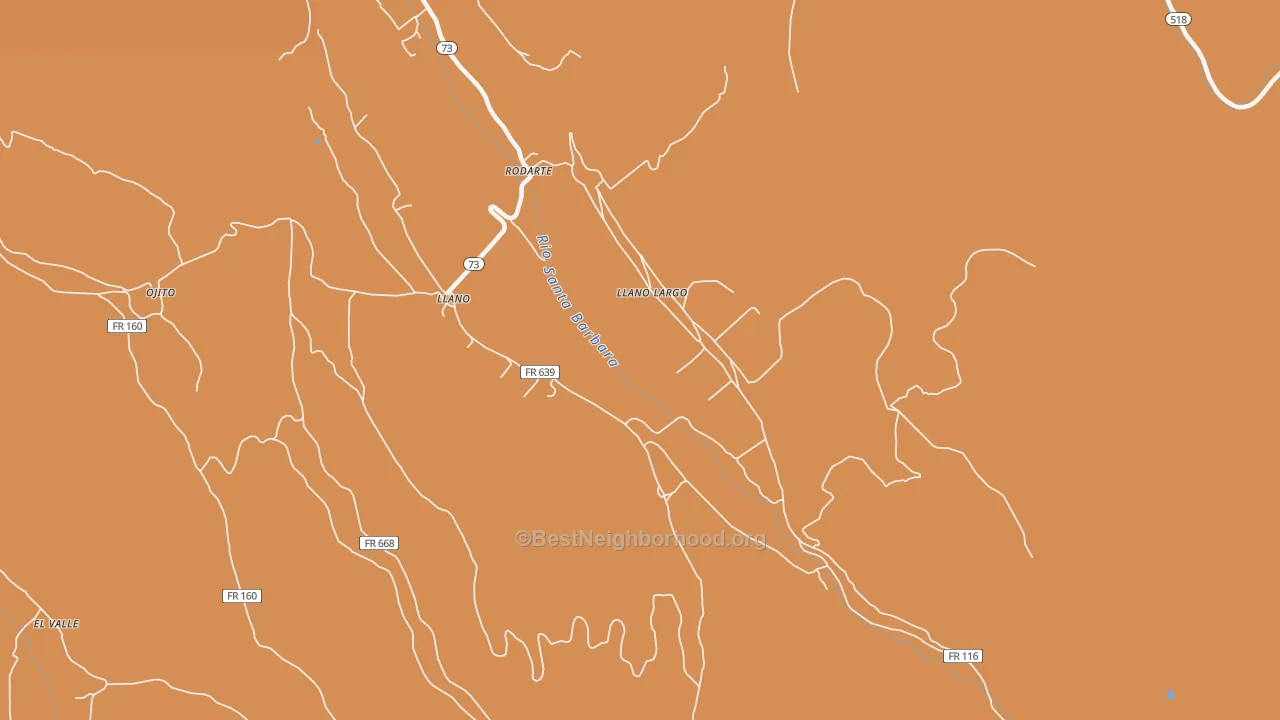 Map of the best neighborhoods in the Llano Largo area, with better matches in green and worse matches in red