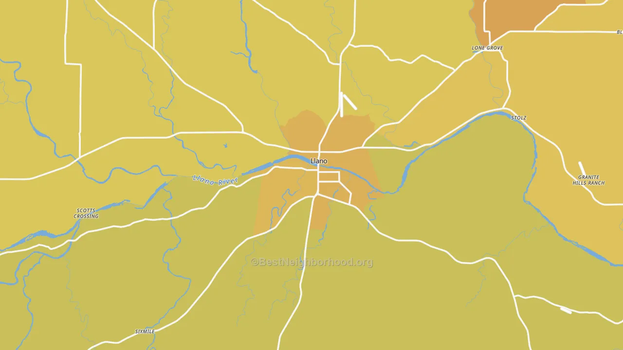 Map of the best neighborhoods in the Llano area, with better matches in green and worse matches in red