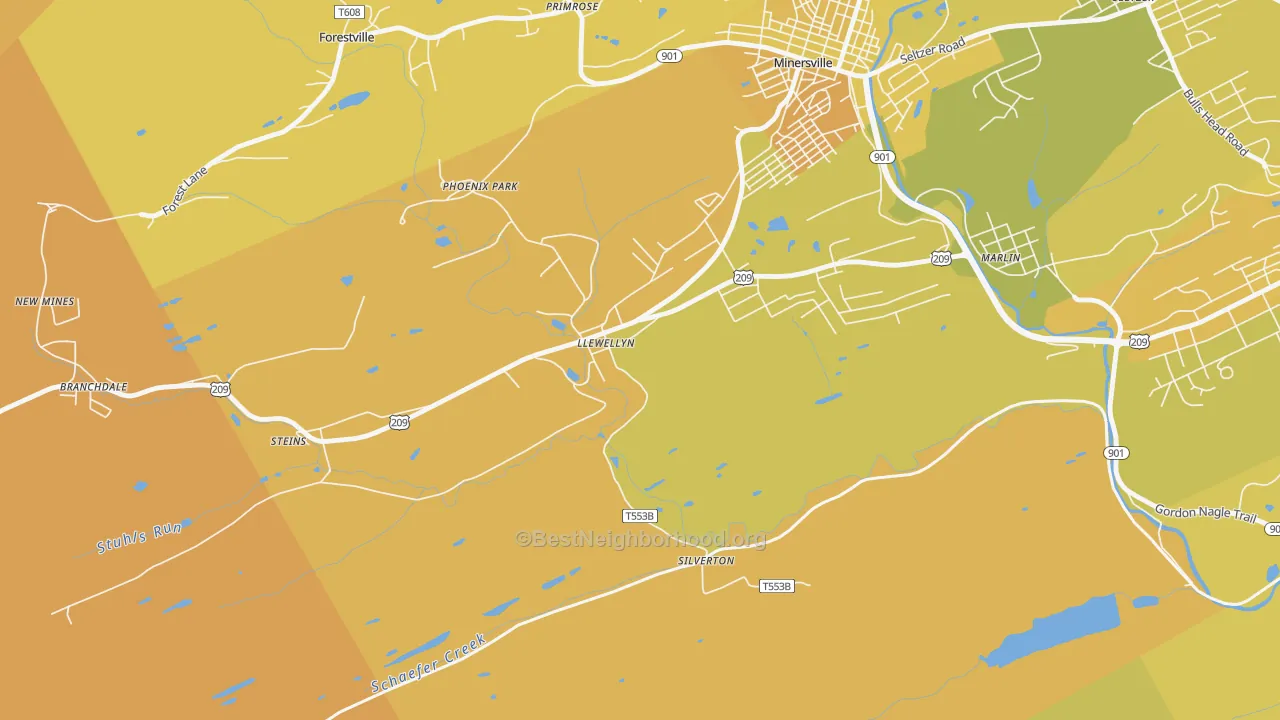 Map of the best neighborhoods in the Llewellyn area, with better matches in green and worse matches in red