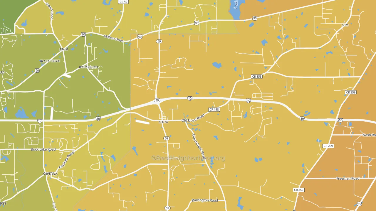 Map of the best neighborhoods in the Lloyd area, with better matches in green and worse matches in red