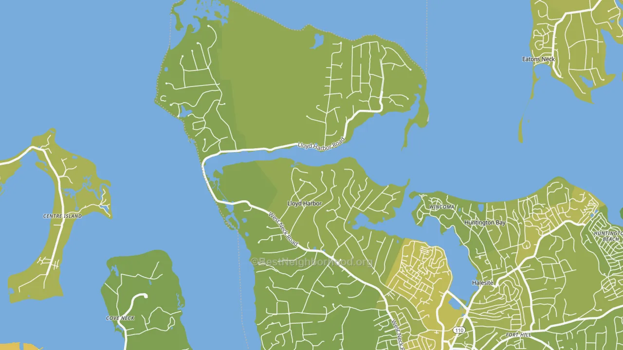 Map of the best neighborhoods in the Lloyd Harbor area, with better matches in green and worse matches in red