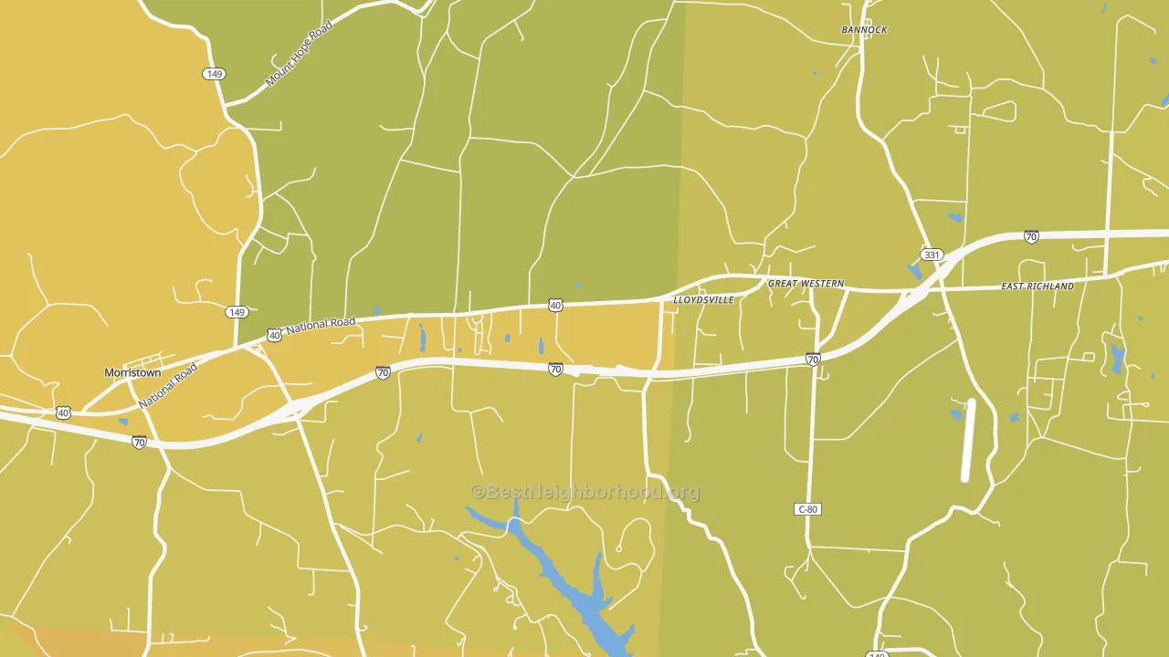 Map of the best neighborhoods in the Lloydsville area, with better matches in green and worse matches in red