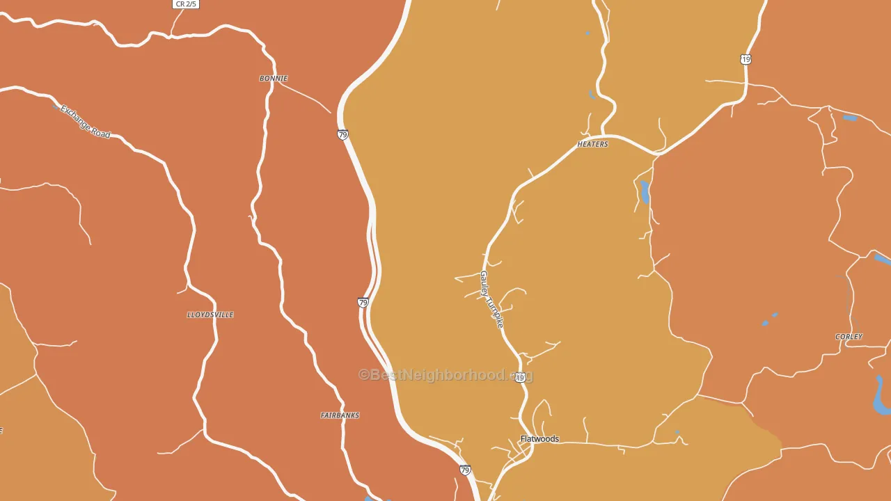 Map of the best neighborhoods in the Lloydsville area, with better matches in green and worse matches in red