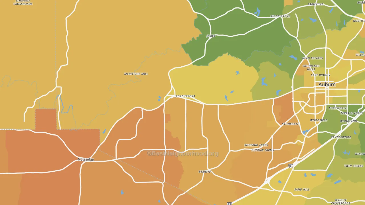 Map of the best neighborhoods in the Loachapoka area, with better matches in green and worse matches in red