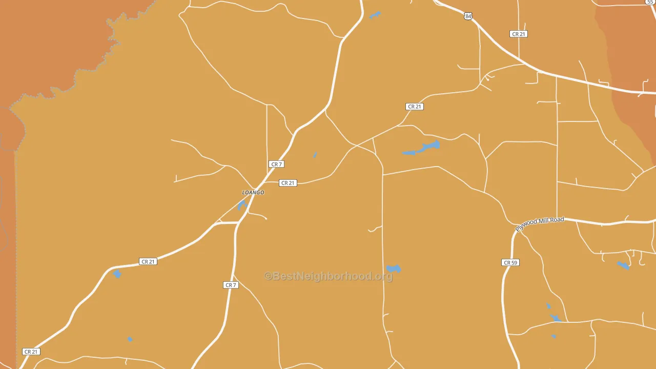 Map of the best neighborhoods in the Loango area, with better matches in green and worse matches in red