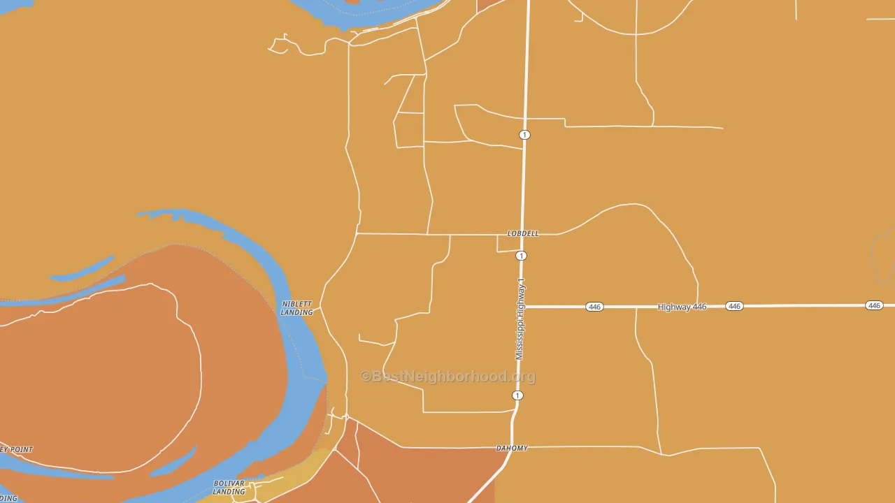 Map of the best neighborhoods in the Lobdell area, with better matches in green and worse matches in red