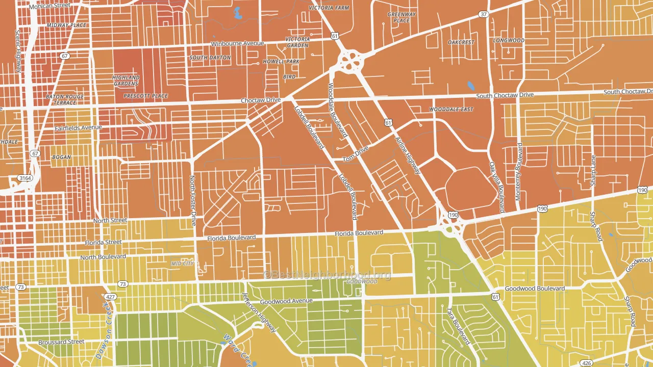 Map of the best neighborhoods in the Lobdell-Woodale, Baton Rouge area, with better matches in green and worse matches in red