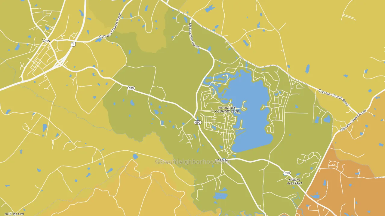 Map of the best neighborhoods in the Lobelia area, with better matches in green and worse matches in red
