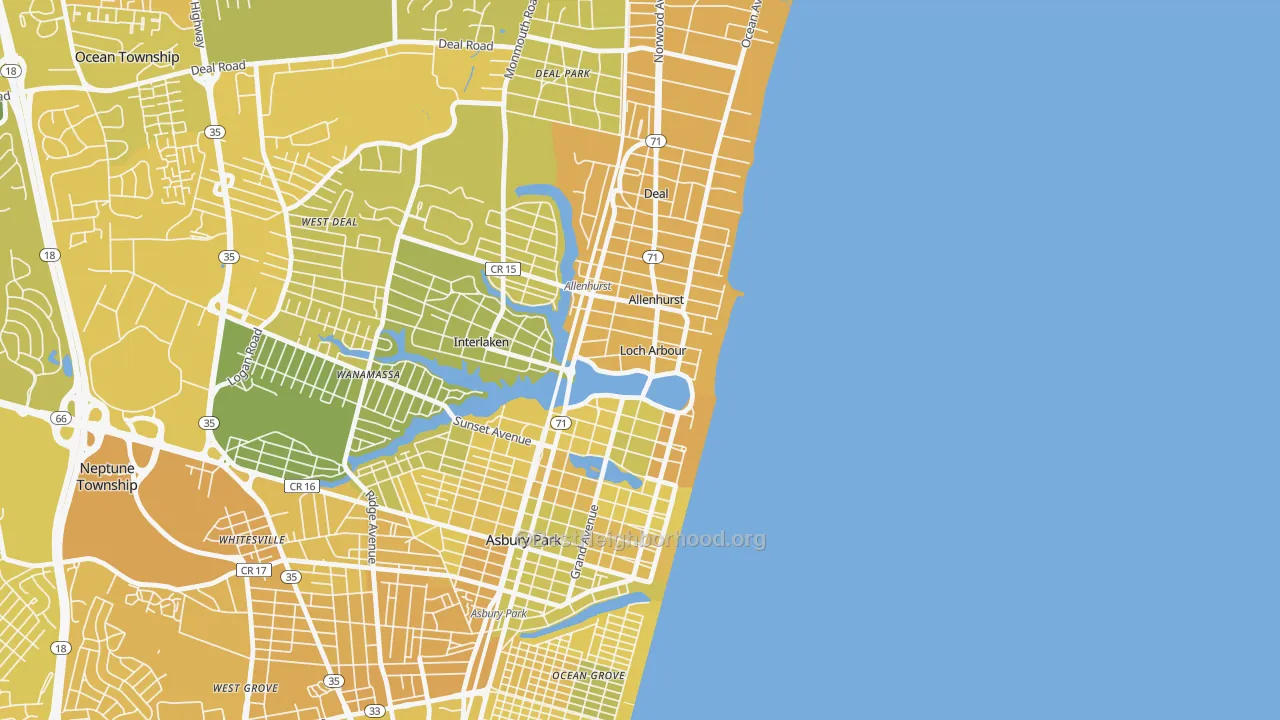 Map of the best neighborhoods in the Loch Arbour area, with better matches in green and worse matches in red