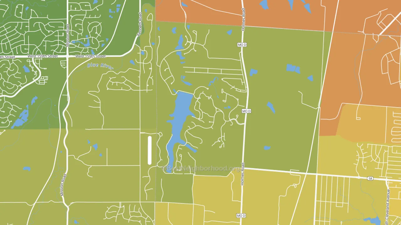 Map of the best neighborhoods in the Loch Lloyd area, with better matches in green and worse matches in red