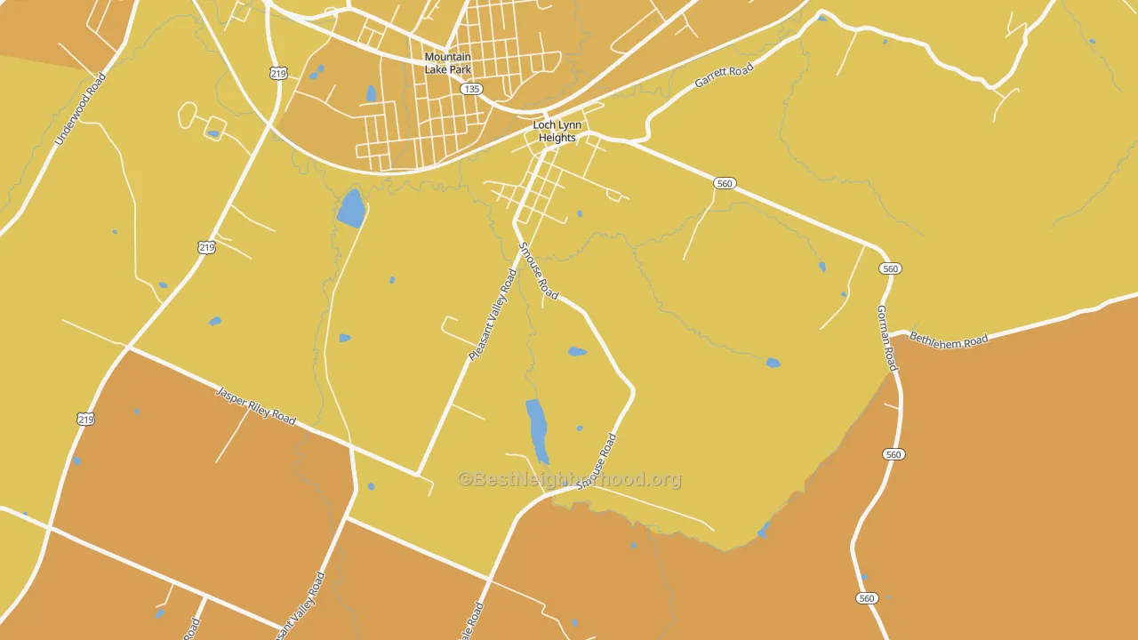 Map of the best neighborhoods in the Loch Lynn Heights area, with better matches in green and worse matches in red