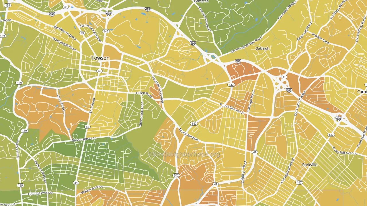 Map of the best neighborhoods in the Loch Raven Manor, Towson area, with better matches in green and worse matches in red