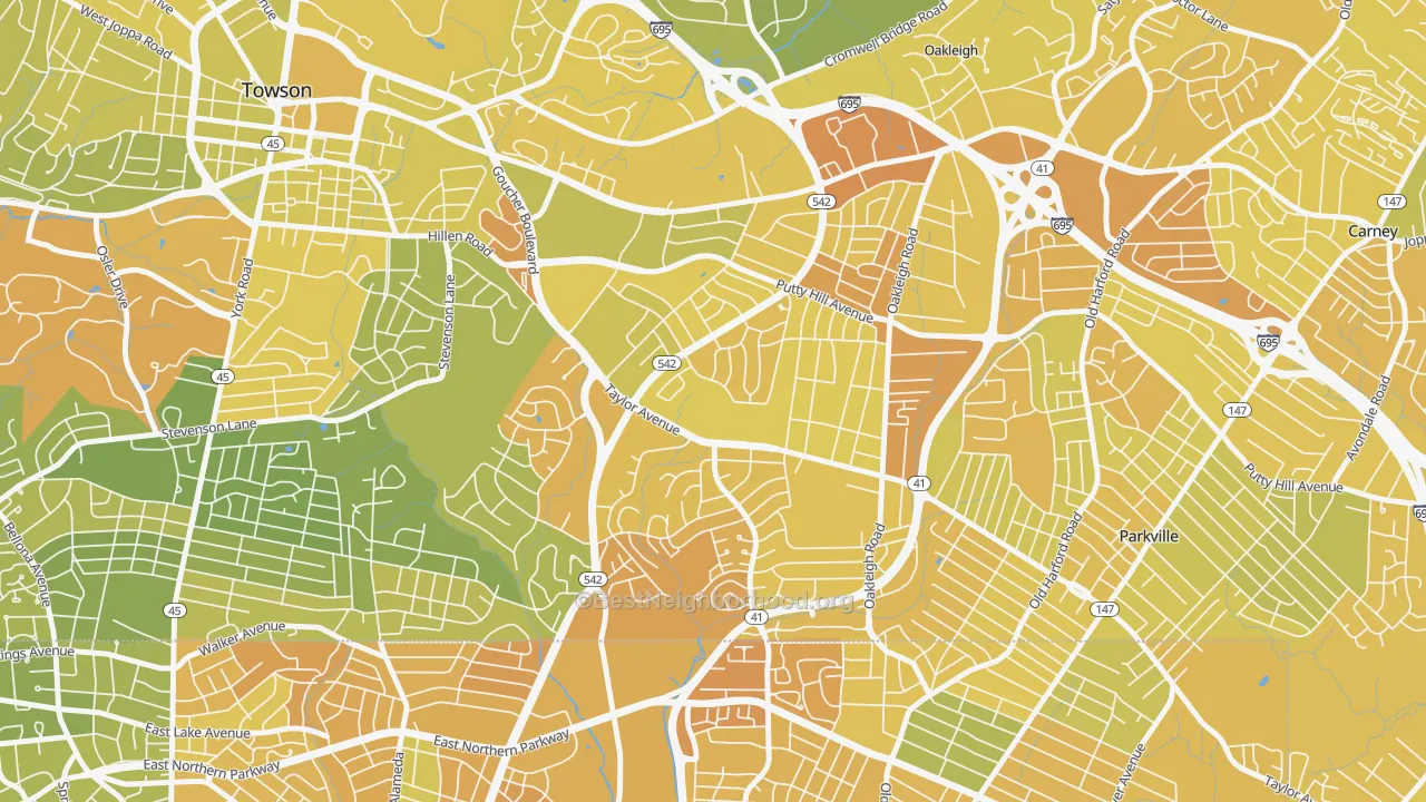 Map of the best neighborhoods in the Loch Raven Village, Parkville area, with better matches in green and worse matches in red