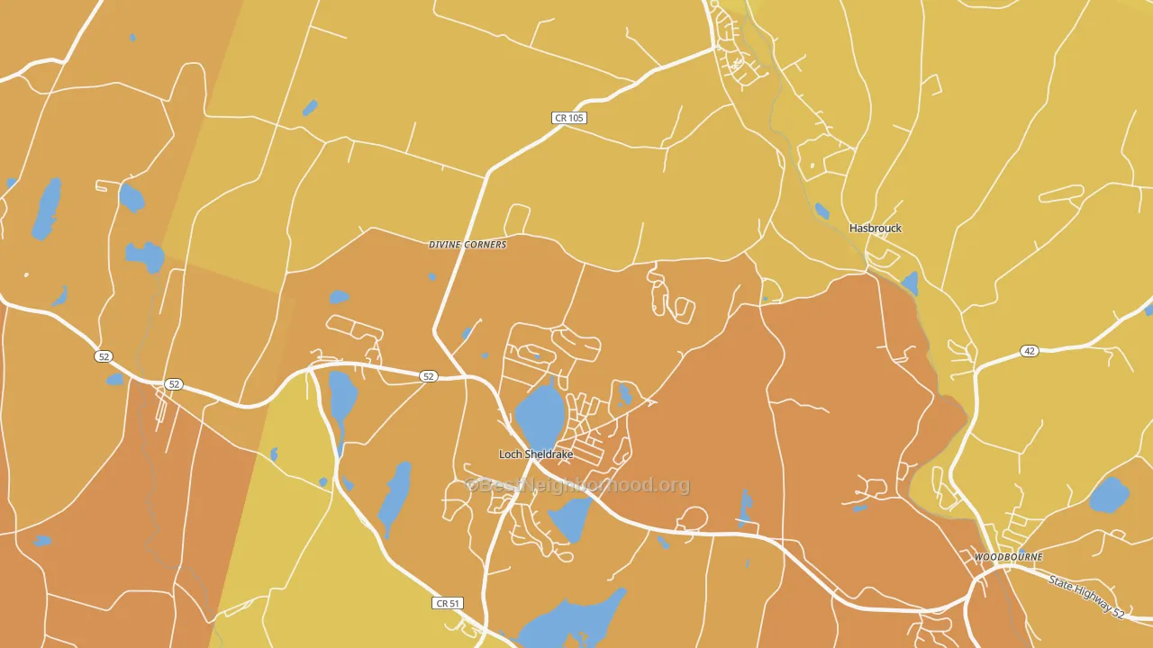 Map of the best neighborhoods in the Loch Sheldrake area, with better matches in green and worse matches in red
